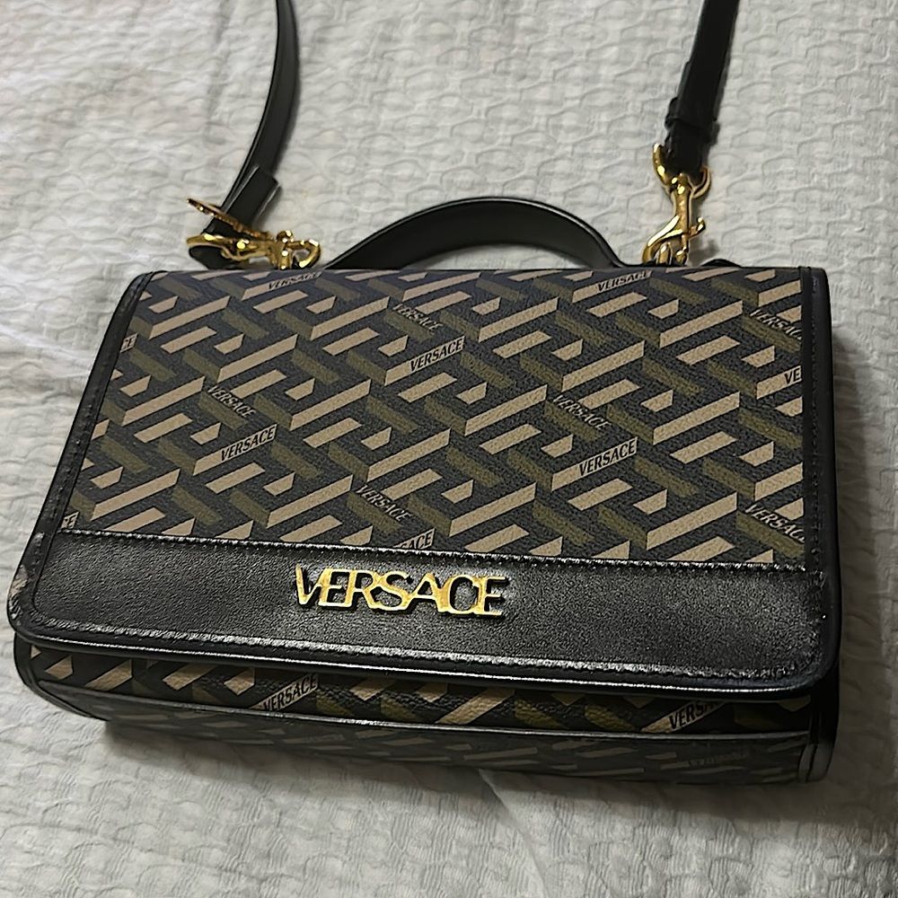 Original Versace Brand Purse black color with logo print in green